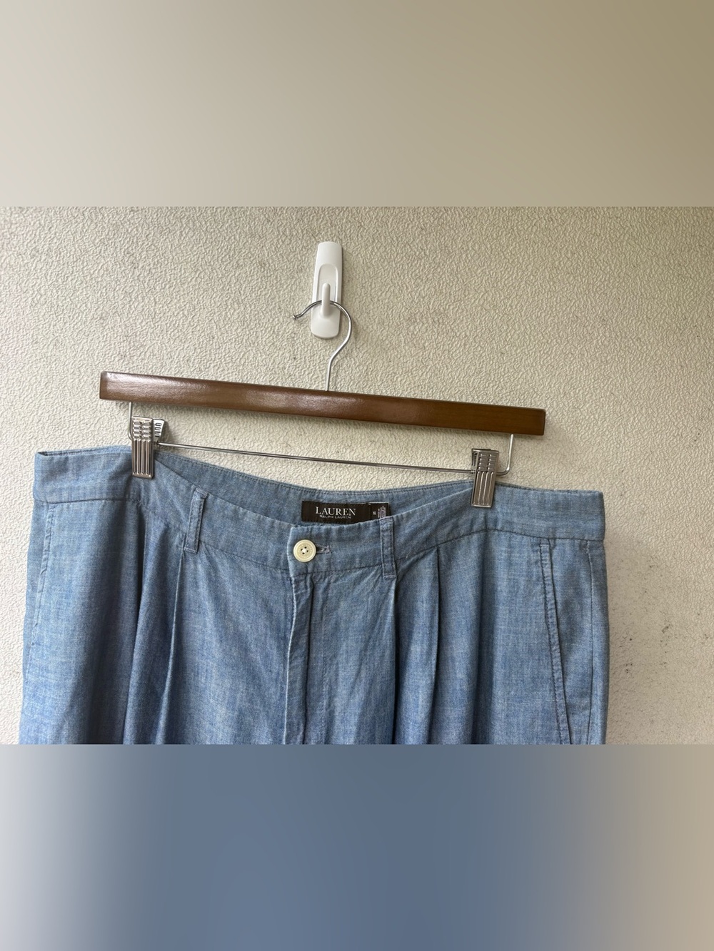 Lauren Ralph Lauren Chambray Pleated Wide Leg Pants 16 High Rise Cotton - Picture 12 of 13